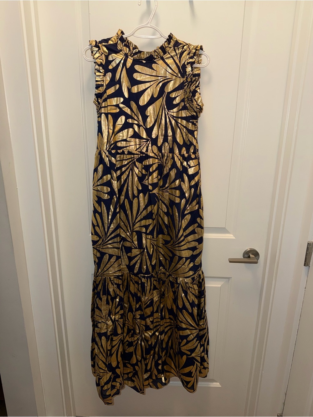 Jude Connally Navy and Gold Sleeveless Ruffle Maxi Dress